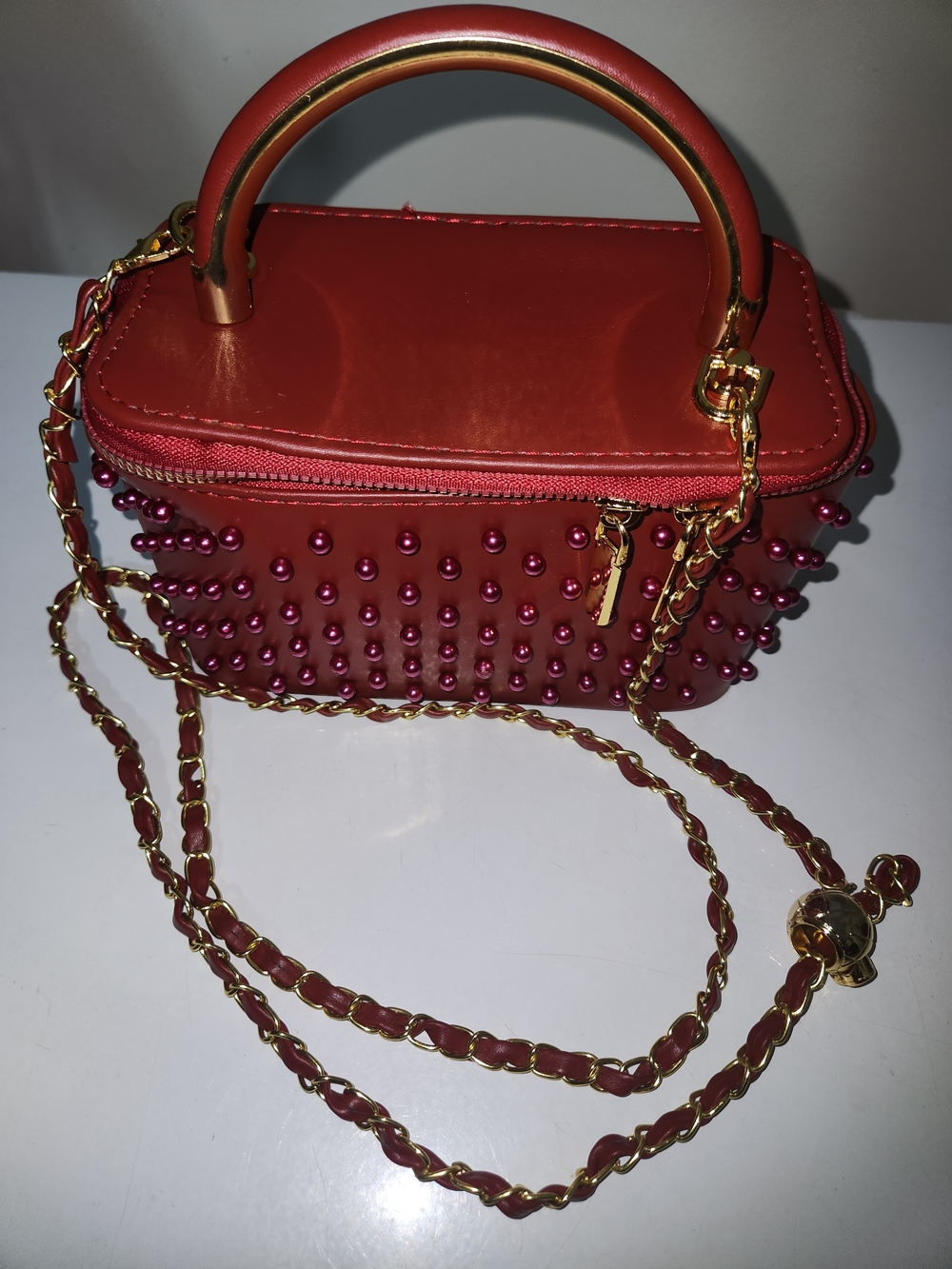 Red Studded Top-Handle Crossbody Bag